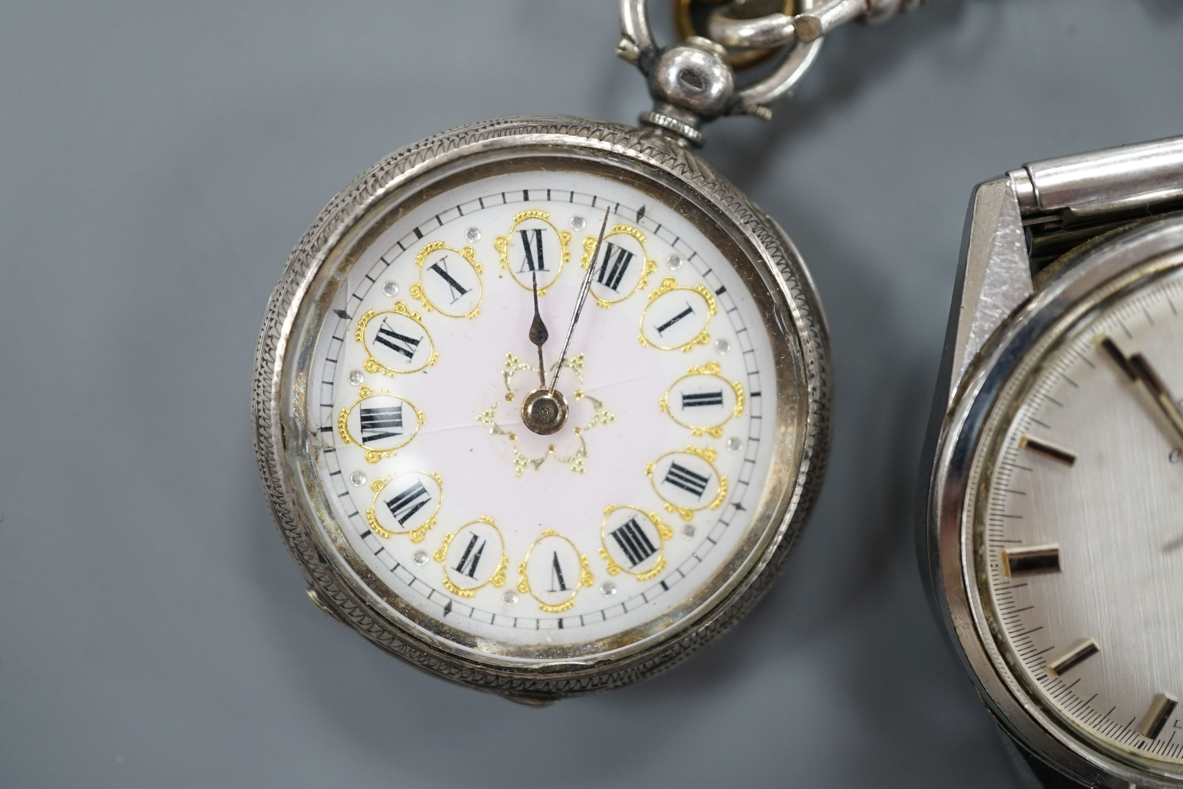 A gentleman's steel Rotary Electronic GT wrist watch and two Swiss white metal fob watches